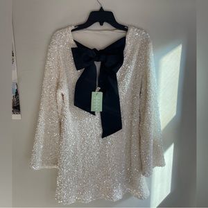 NWT viral H&M sequined bow tie back dress sequin white size small